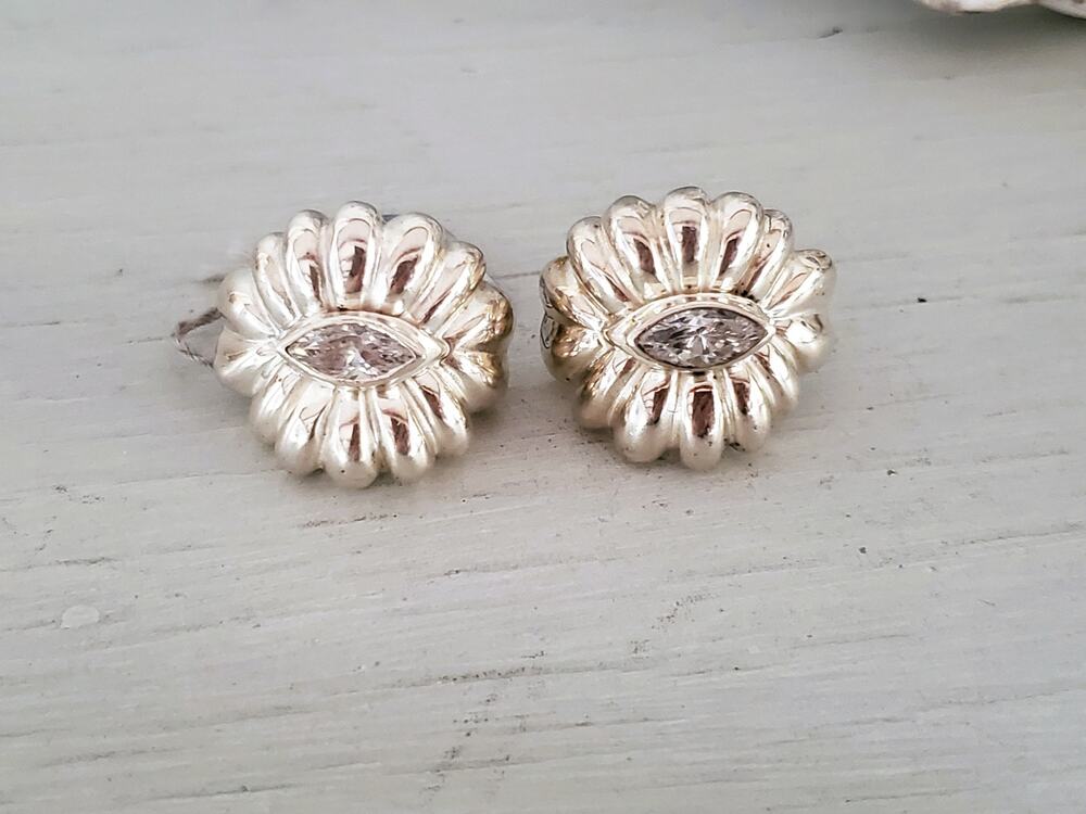 Vintage 1980s Italian Chunky Silver Scalloped Crystal Zirconia Earrings